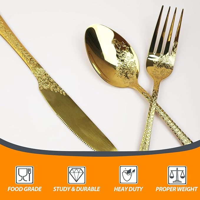 Runfly Modern Carved Floral Gold Stainless Steel 20-Piece Flatware Set | Silverware Set, Vintage Utensil Set, Cutlery Set for Home and Kitchen, with Knife/Fork/Spoon
