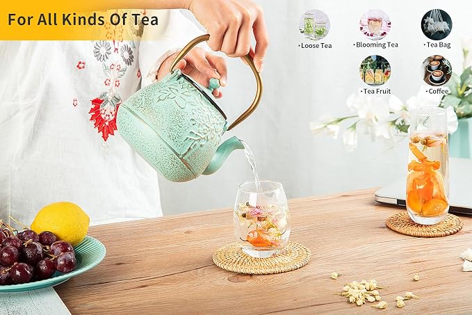 TOPTIER Japanese Cast Iron Tea Kettle with Stainless Steel Infuser, Cast Iron Teapot Stovetop Safe, Leaf Design Teapot Coated with Enameled Interior, 32 Ounce (950 ml), Lilac Purple