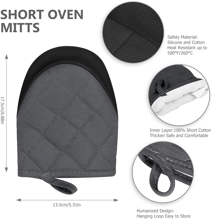 Goldmeet Mini Oven Mitts 2-Pack, 7"x5.5", 500°F Silicone Grip, Cement Gray | Non-Slip, Heat Resistant, Machine Washable, Hanging Loop, Fits Small Hands, for Baking Grilling BBQ Cooking