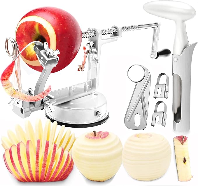 Apple Peeler Corer, 5 In 1 Apple Peeler Slicer Corer with Stainless Steel Blades and Powerful Suction Base for Apples and Potatoes(white)