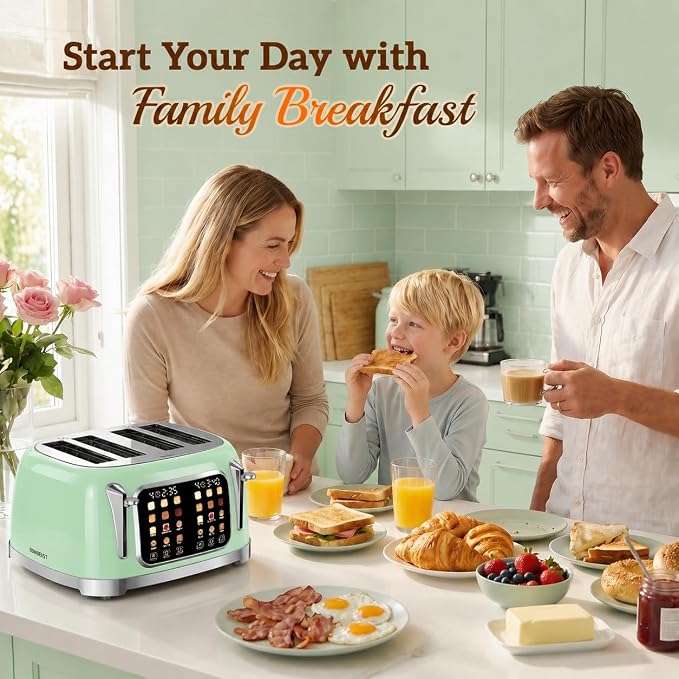 RONGBEST Retro Stainless Steel Toaster 4 Slice with Wide Slot Touch Screen, 6 Browning Levels for Breakfast Bagel & Bread, Reheat & Defrost, Removable Crumb Tray, Mint Green