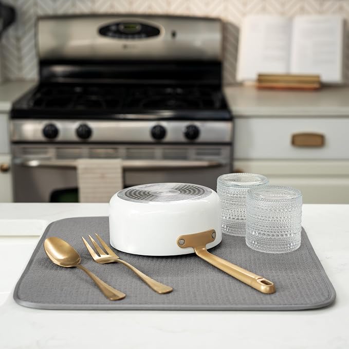 S&T INC. Dish Drying Mat, 16" x 18", Large, Grey | Absorbent Microfiber, Kitchen Counter Mat for Dishes, Utensils, Pots and Pans, Machine Washable