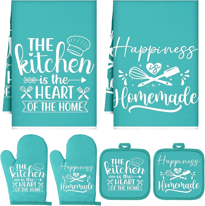 Sratte 6 Pcs Kitchen Decor Accessories Set, Kitchen, Light Teal | Farmhouse Kitchen Towels Pot Holders Oven Mitts Set 2 Dish Towels 2 Potholders 2 Cooking Mittens for Baking Cooking Supply