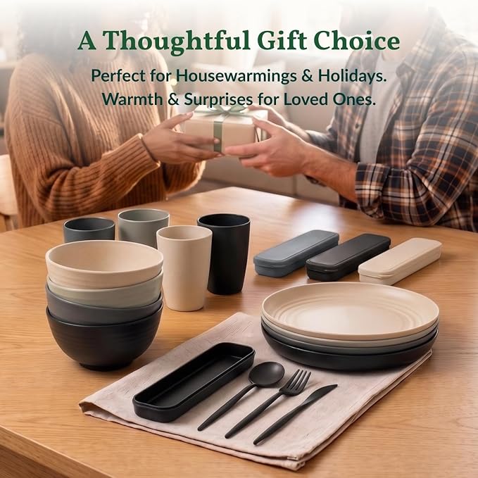 Premium Wheat Straw Dinnerware Sets 28 PCS Unbreakable Plates and Bowls Sets Microwave Safe Dishes Kitchen Utensils for Camping, RV, Party, Apartment, Travel Dishes Set of 4(GreyStone)
