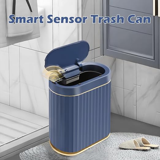 ELPHECO 2 Gallon Sensor Trash Can, Automatic Lid, Midnight Blue Gold | IPX5 Waterproof Bathroom Trash Bin, Slim Garbage Can, Plastic Wastebasket for Office, Bedroom and Kitchen