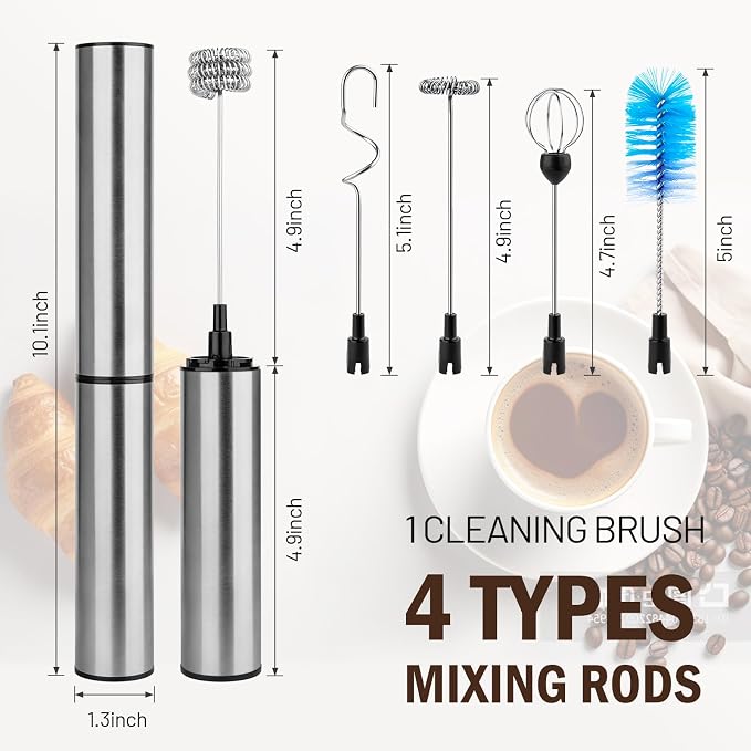 Milk Frother Wand for Coffee,Foamer,Latte,Cappuccino,Chocolate,Egg(Silvery) | Rechargeable Electric Handheld Frother Whisk with 5 Heads 2 Speeds