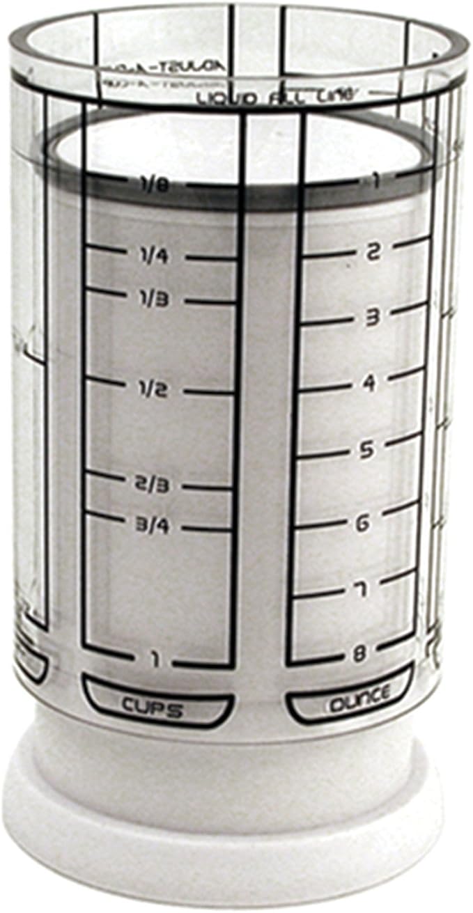 KitchenArt 1 Cup Adjust-A-Cup, Plastic, White | Plunger Measuring Cup | Measures Between 1/8 Cup to 1 Cup | Includes Conversions | Kitchen Gadget | Measures Solids & Liquids