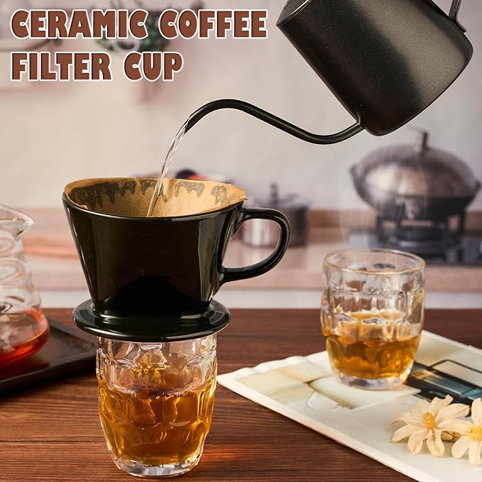 Pour Over Coffee Dripper, Ceramic Pour Over Coffee Maker, Black | 3 Holes Flat Bottom, Easy Manual Brew Maker, Porcelain Slow Filter Cone for Travel, Camping, Office, Home