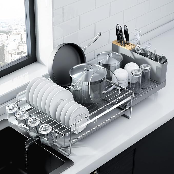 Kitsure Extendable Dish Drying Rack, 19.2"-26.7" L x 12.9" W, Sliver | Large Dish Rack, Multifunctional Dish Rack for Kitchen Counter, Anti-Rust Dish Drainers with Cutlery & Cup Holders