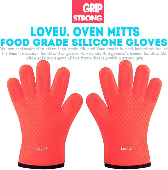 Silicone Oven Mitts Gloves - Heat Resistant, Non-Slip for BBQ, Grilling | 450°F Double-Layer｜Waterproof Kitchen Cooking Barbecue Mittens ｜5 Finger Hot Mitt for Baking, Smoker& Cast Iron(One Size)