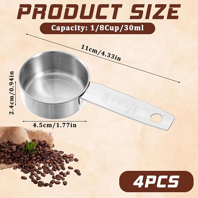 4 Pcs 1/8 Cup (30ml) Measuring Cup, 1oz Stainless Steel Measuring Cups Metal Measure Scoop Coffee Scoops Rice Cups Tablespoon for Cooking Baking, Wet and Dry Ingredients, Dishwasher Safe