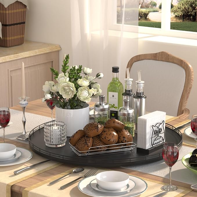 Oroyutor 24-Inch Extra Large Oak Lazy Susan with Black Metal Rail | Rotating oak tray organizes spices, toiletries and decor on kitchen counters, bathroom vanities, dining and coffee tables.