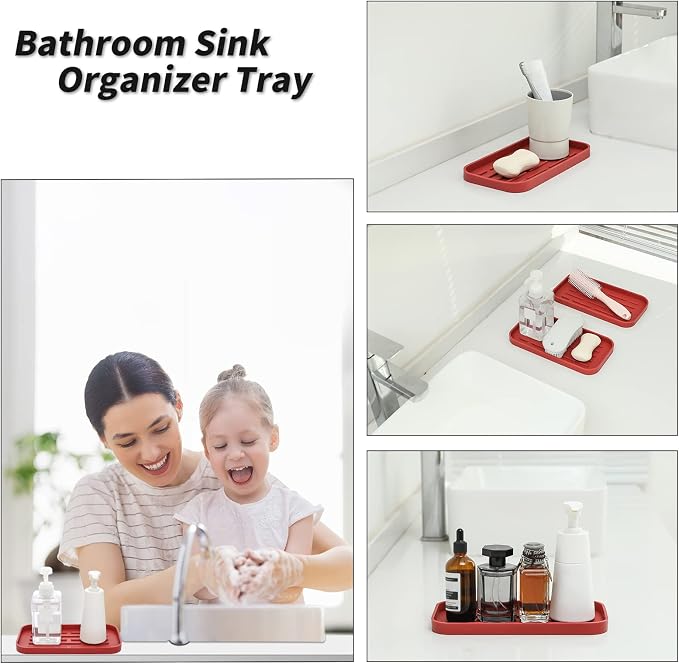 MicoYang Silicone Kitchen Sink Organizer Tray for Multiple Usage,Eco-Friendly Sponges Holder for Kitchen Bathroom Counter or Sink,Dish Soap Dispenser,Scrubber,Bottle,Cup (Red, 10"×5.3")