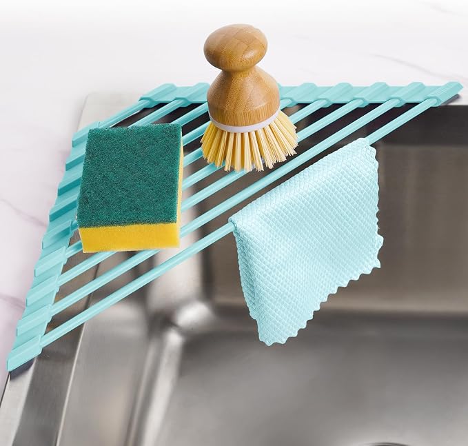 Tomorotec Roll Up Dish Drying Rack with Silicone Coating, Mint Green | 304 Stainless Steel with BPA-Free Silicone, Triangle Design Maximizes Sink Corner Space, Fits Compact Kitchens And RVs