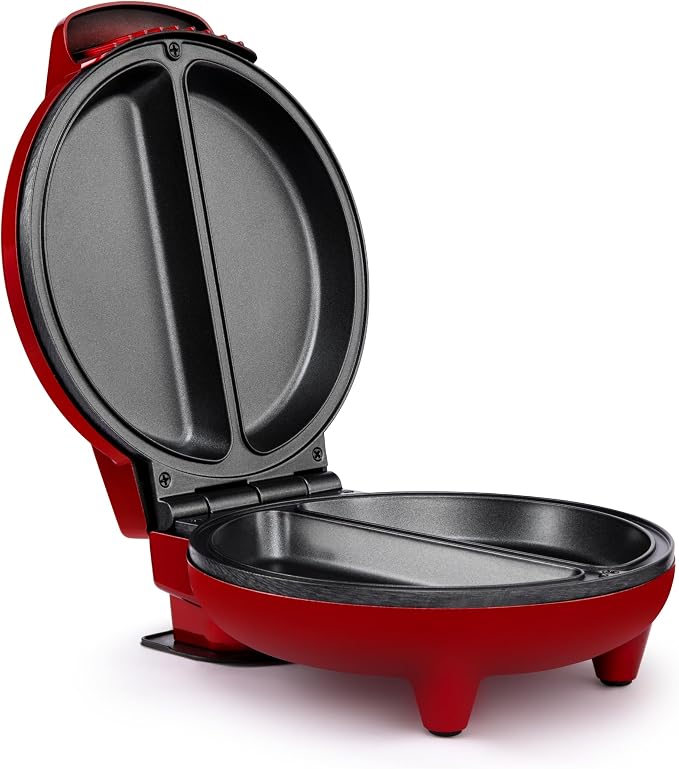 Holstein Housewares Stainless Steel 2 Section Omelet & Frittata Maker, Non Stick Coating, Easy To Clean, Indicator Lights, Compact Storage, Versatile Recipes in Minutes. 2 Portions, Metallic Red