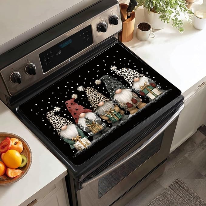 Cute Gnomes Electric Stove Top Cover, Black Heat Resistant Glass Stove Top Cover for Electric Stove – Retro Glass Cooktop Protector Expands Usable Space