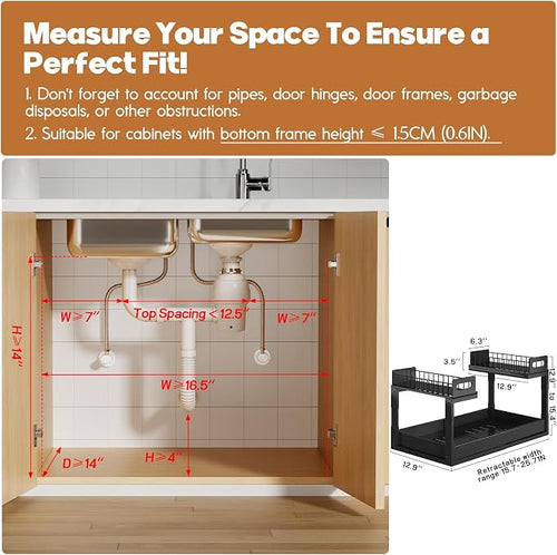 1 Pack-16"-26"W Expandable Under Sink Organizer With Upgrade Ball-Bearing Slide,2-Tier Pull Out Under Cabinet Organizer Height Adjustable,Not Suitable For Cabinets With Partitions In The Middle