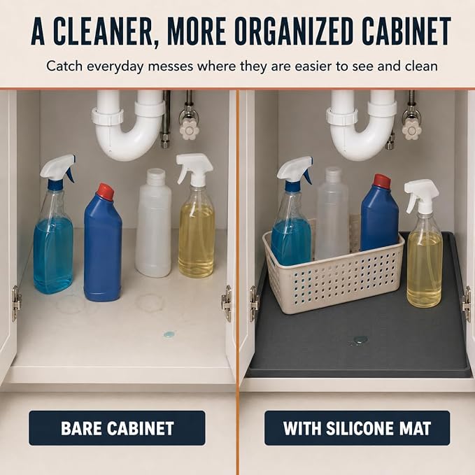 28"x19" Silicone Under Sink Mat for Bathroom/Kitchen Cabinet Organizer Mat | Leak-Proof Waterproof Liner Pad & Anti-Spill Tray | 0.7in Edge Barrier, 3.5Gal Capacity