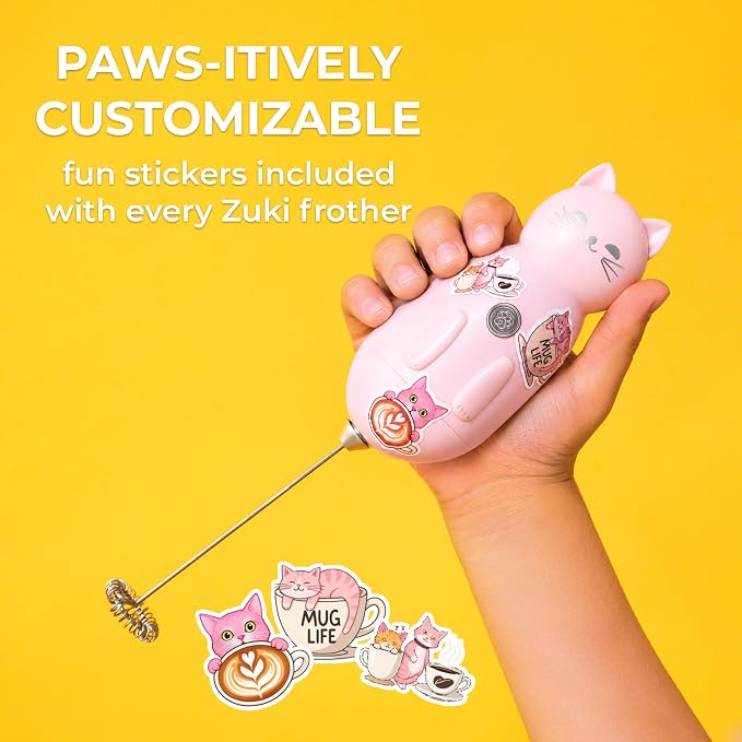 Zulay Kitchen Cat Milk Frother Wand – Cutesy Frother, Meet Your New Frothing Buddy Princess The Cat, Adoption Papers and Stickers Included, Purrr-fect for Lattes, Cappuccino & Matcha – Pink