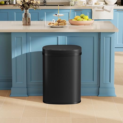 BestOffice | 13 Gallon Stainless Steel Trash Can with Lid | Black | Automatic Touchless Garbage Can | Odor Control | Modern Oval Design | Easy to Clean | For Kitchen, Bathroom, Office or Home