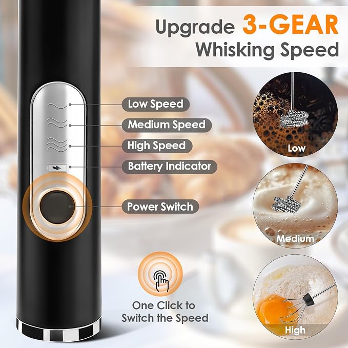 Milk Frother Handheld, Rechargeable Coffee Frother Wand, Drink Mixer, Black | Electric Foam Maker with 2 Stainless Whisks 3 Speeds, Hand Mixer for Lattes, Cappuccino, Matcha, Egg