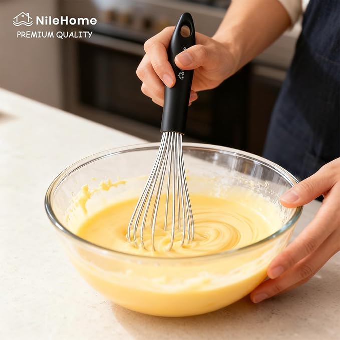 NileHome Silicone Whisk Set 8" 10" Kitchen Whisk Kitchen Wisk Wire Whisks for Cooking, Whisking, Blending, Beating, Stirring-Black Silver