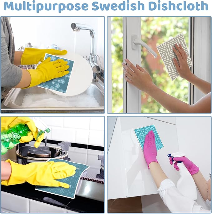 6 Pack Swedish Dishcloths for Kitchen, Geometric Pattern Swedish Rags | Dish Towels with Clips, Reusable Paper Towels Washable Absorbent for Home Housewarming Cleaning Gifts for Hostess