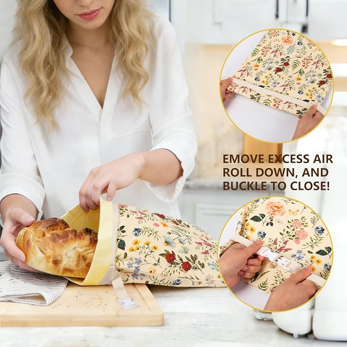 Reusable Beeswax Bread Bags for Homemade Bread & Sourdough, 2-Pack XL Airtight Food Storage Bags, Organic Cotton Linen Covers - Freezer-Friendly Freshness Preservation Keeps Fresh Longer