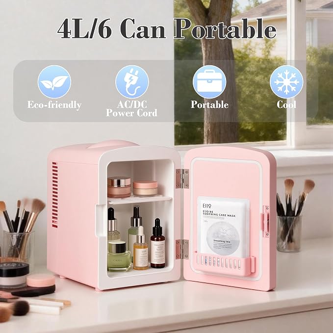 Mini Fridge, 4 Liter /6 Cans Makeup Fridge with Dimmable LED Mirror - Pink | Compact Mini Skincare Fridge for Beauty & Beverages, Dual-use Portable Tiny Fridge for Bedroom, Desk, Office, Home, Car, Gift