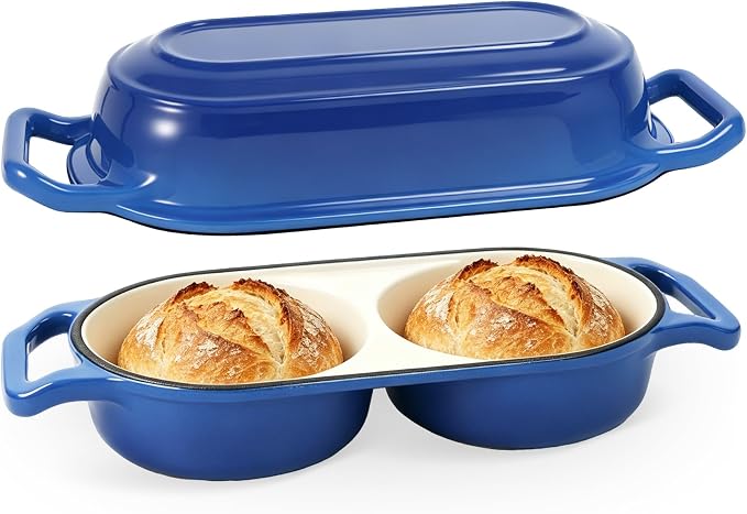 2026 Premium Double Enameled Cast Iron Dutch Oven for Sourdough Bread Baking – 2-in-1 Bread Baker with Lid, Dual Mini Loaf Pan, 500°F Oven Safe, Even Heating for Artisan Bread, Nonstick Enamel