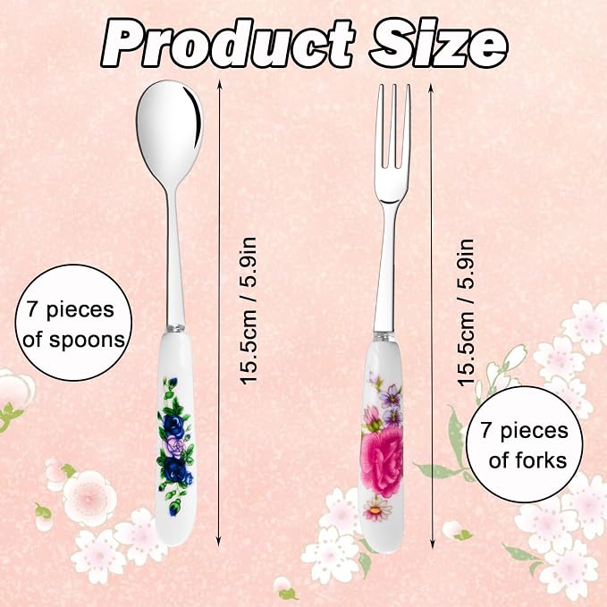 14 Pcs Dessert Forks and Spoons Silverware Set,Stainless Steel | Cutlery Forks,Mini Coffee Spoons Pastry Forks with Porcelain Handles,Cake Fork Tea Spoons for Dessert Appetizers,Salad,Fruit
