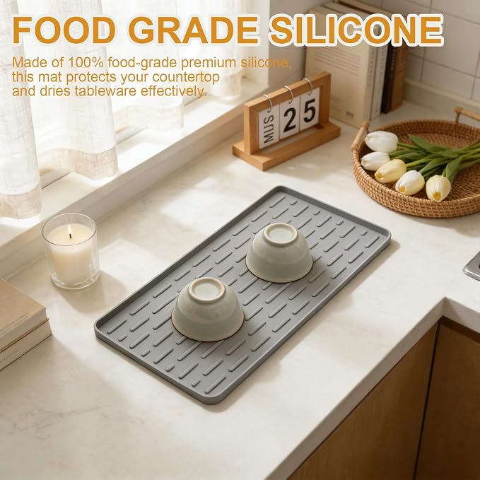 Silicone Coffee Mat 16 x 7 in Classic Grey | Coffee bar mat for countertop use Heat-Resistant,Eco-friendly,Hygienic Drying Pad,Leak-Proof and Non-Slip