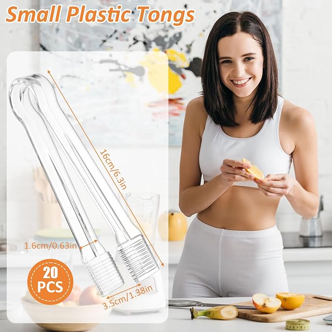 PEASUG 20 PCS Plastic Serving Tongs, Disposable Plastic Tongs | Clear Kitchen Small Serving Utensils for Serving for Party Food Buffet Appetizer Salad Catering Ice, 6.3 Inches