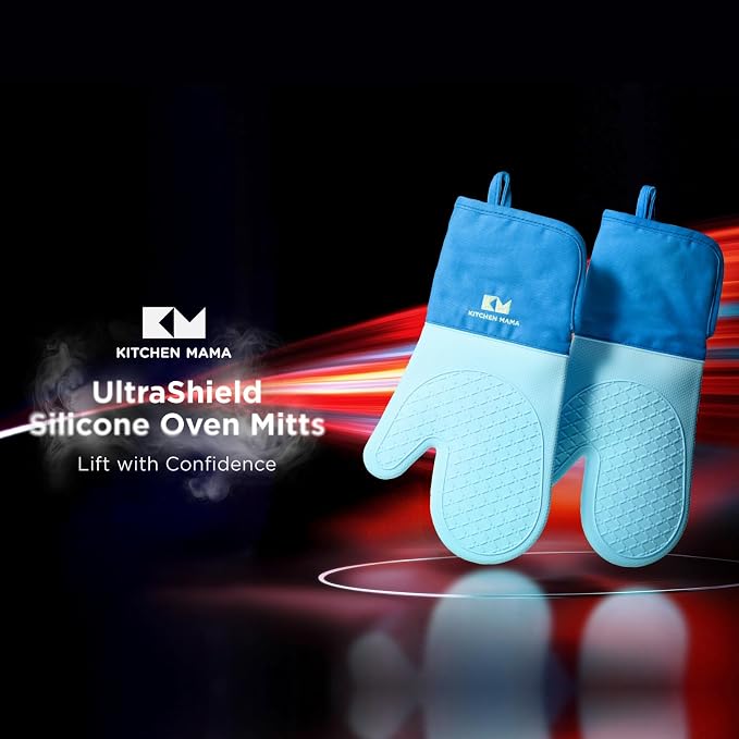 Kitchen Mama UltraShield Silicone Oven Mitts, Blue | Heat Resistant, Non-Slip Surface, Waterproof, Flexible, Durable