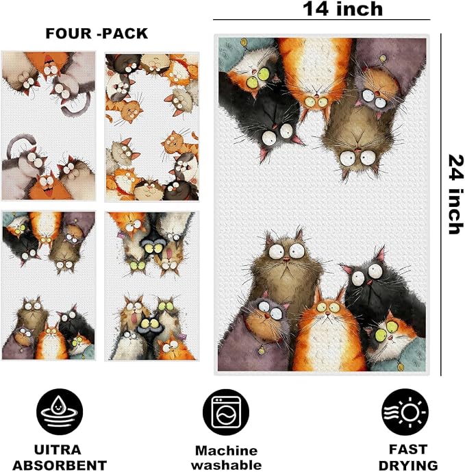 4 Pcs Cute Cat Kitchen Towels, Funny Cats Gifts Absorbent Hand Towels-01 | Cat Dish Cloths for Drying Dishes, Cats Waffle Dish Towels for Kitchen Home Bathroom Decor, Cat Lover Gifts for Women Mom