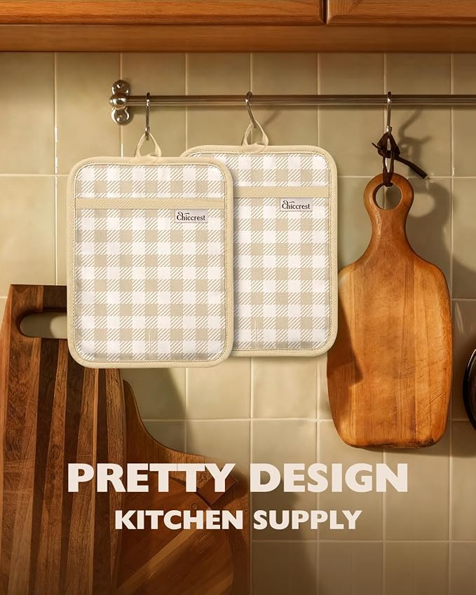 100% Thick Cotton Pot Holders Ribbed Soft Silicone Beige Gingham | Stylish Pot Holders with Pockets, Ribbed Soft Silicone, Machine Washable Non-Slip Heat Resistant Hot Pads 2pcs, Kitchen Gift