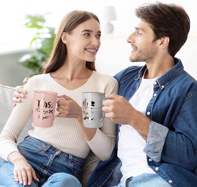 Wedding Gifts for Couples 2026, 14oz Ceramic Mr and Mrs Mug Gifts Set of 2 | Bridal Shower Engagement Anniversary Bride to be Gifts for His and Hers 2026 with Spoon Greeting Card, Luxury Gift Box