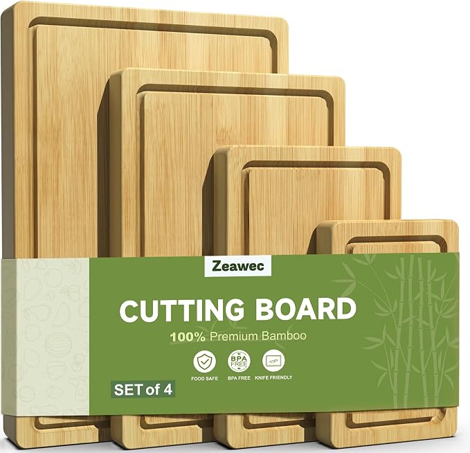4-Piece Set Deep-Carbonized Bamboo Cutting Board for Kitchen, Natural | Crack-Resistant Wood Chopping Boards with Deep Juice Grooves, Pre-Oiled Butcher Block for Meat, Vegetables & Cheese