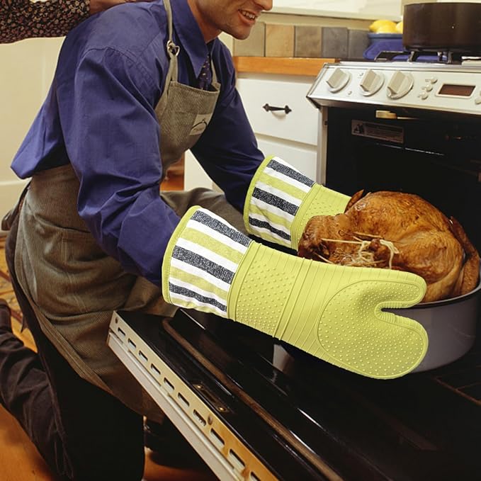 Heat Resistant 550 Degree Oven mitt, Silicone Oven Hot Mitts - 1 Pair, Extra Long Professional Baking Oven Gloves - Food Safe,Pot Holders Cooking,Grilling,Kitchen (Vanilla)