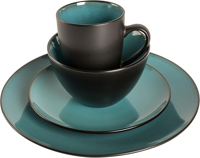 Gibson Elite Soho Lounge 16-Piece Round Reactive Glaze Stoneware Dinnerware Set, Service for 4 – Teal Plates and Bowls