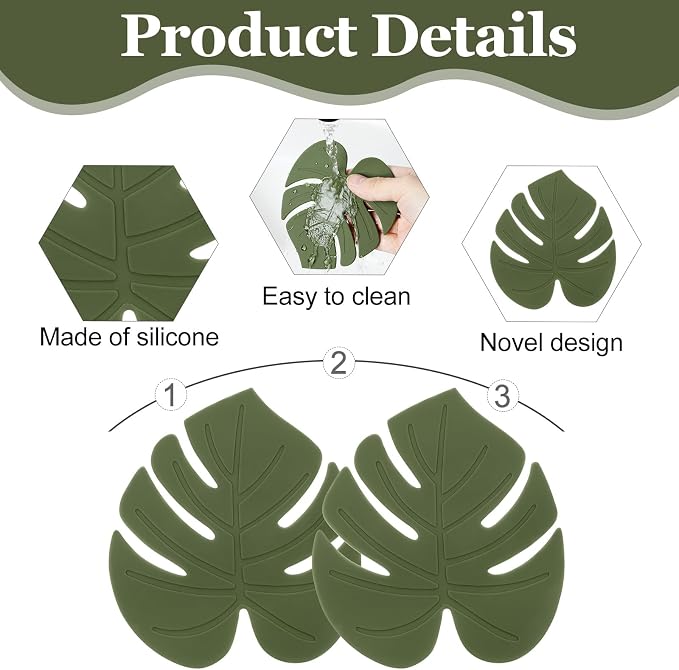 2 Pcs Plant Leaf Coaster, Cute Green Leaf Silicone Heat-Resistant Drink Trivet Mats Non-Slip Cup Pads for Table Countertop Kitchen Home Office Decor(4.13×4.72 Inch)