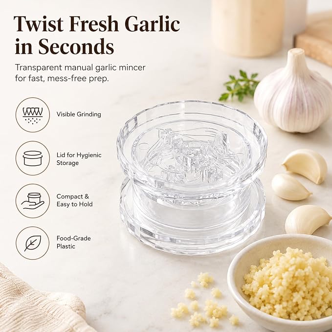 2PCS Transparent Manual Garlic Twist, Multi-Functional Mincer & Grinder for Garlic, Onion, Ginger, Herbs, Nuts