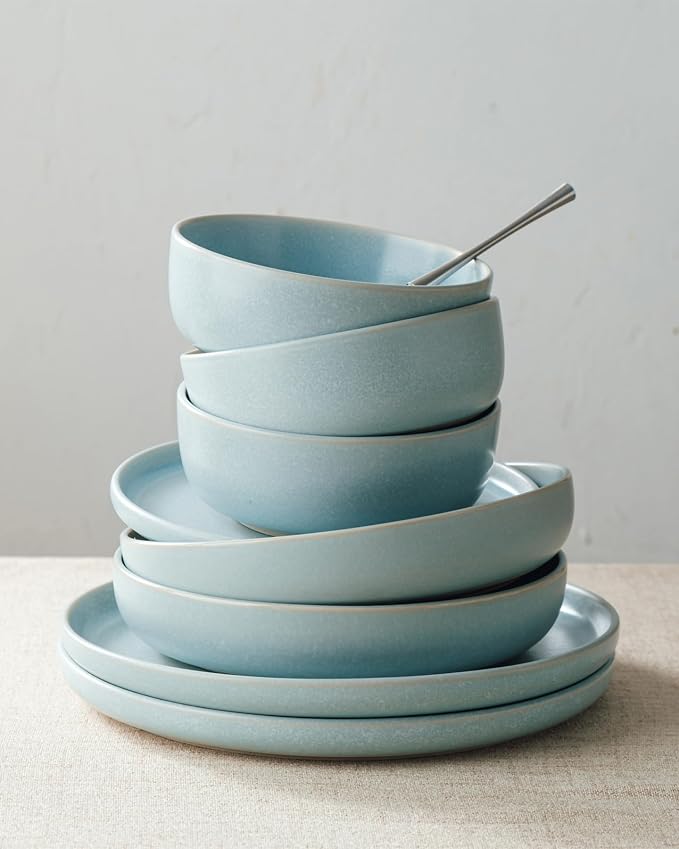 Famiware Milkyway 12-Piece Stoneware Dinnerware Set, Light Blue | Plates and Bowls for 4, Reactive Glaze Dish Set, Microwave & Dishwasher Safe, Chip & Scratch Resistant
