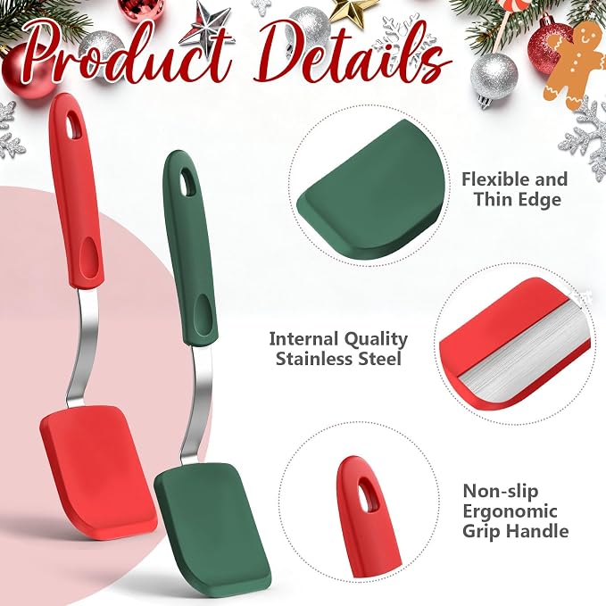 Silicone Cookie Spatula Turner 2 Pack Mini Brownie Spatula Flexible Kitchen Small Silicone Turner for Nonstick Cookware Heat Resistant No Scratch Flipper for Egg(Solid Flat,Red, Green)