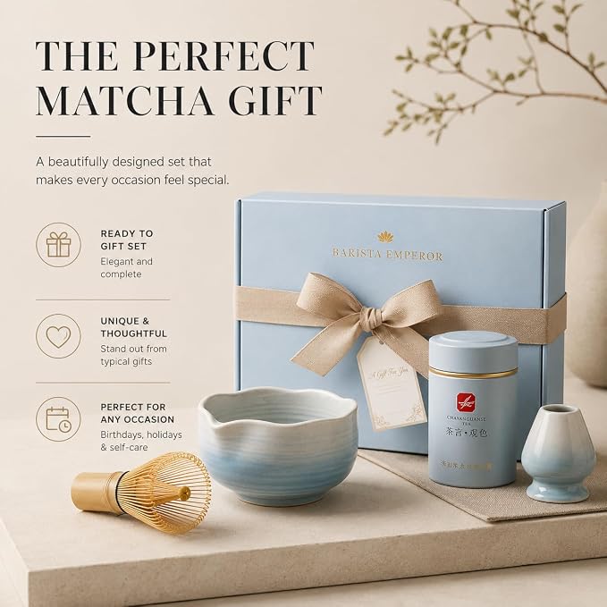 BARISTA EMPEROR® PREMIUM 8pcs MATCHA WHISK SET - Professional Matcha Kit Set with Matcha Bowl, Matcha Whisk, Matcha Glass, Glass Straw, Storage Container, Sifter, Scoop - Aesthetic Matcha Set Kit