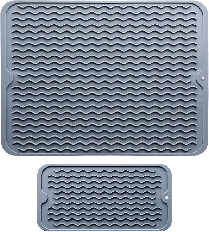 Silicone Dish Drying Mat - 2 Packs of Non-Slip Silicone Mat Easy Clean Drying Mat Large Heat-Resistant Dish Drainer Mat for Kitchen Counter, Sink, Refrigerator or Drawer Liner(16"x12", 12''x 6'' GREY)