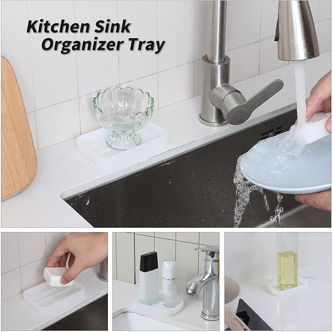 MicoYang Silicone Kitchen Sink Organizer Tray for Multiple Usage,Easy Clean Sponges Holder for Kitchen Bathroom Counter or Sink,Dish Soap Dispenser,Scrubber,Bottle,Cup Ttanslucent 4.9”x 3.2”