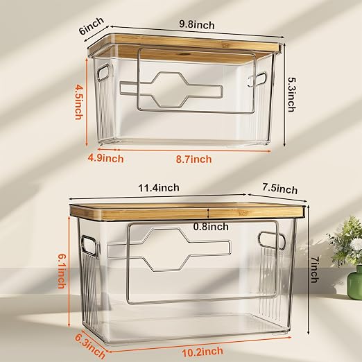 2 Pack Trash Bag Holder with Bamboo Lid, Stackable Acrylic Trash Bag Dispenser Roll Holder Under Sink, Plastic Container Garbage Bags Storage Organizer for Kitchen, Pantry, Laundry Room Organization