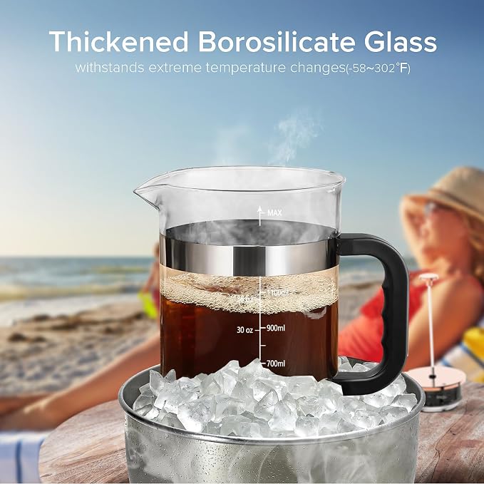 QUQIYSO French Press Coffee Maker 51oz, Large French Press, Thickened Glass | Borosilicate Glass Plastic Free Coffee Maker, Easy to Clean,4 Filter, Coffee Press Suitable for Kitchen Party Camping(Silver)