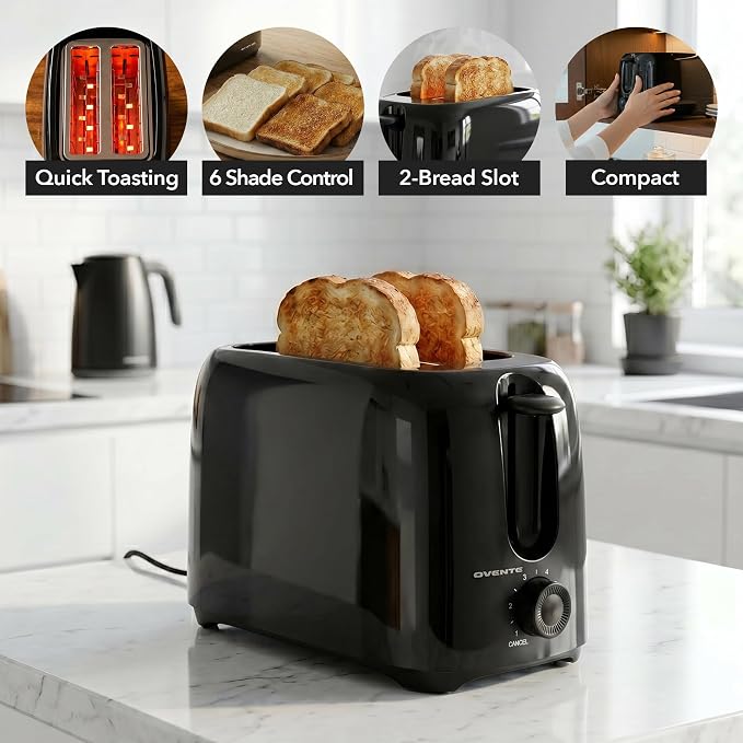 OVENTE Electric 2 Slice Toaster Machine 6-Shade Setting, Black TP2210B | Compact Design and Removable Crumb Tray, 700W Power Perfect for Toasting Bread, Thin Bagels and Waffles